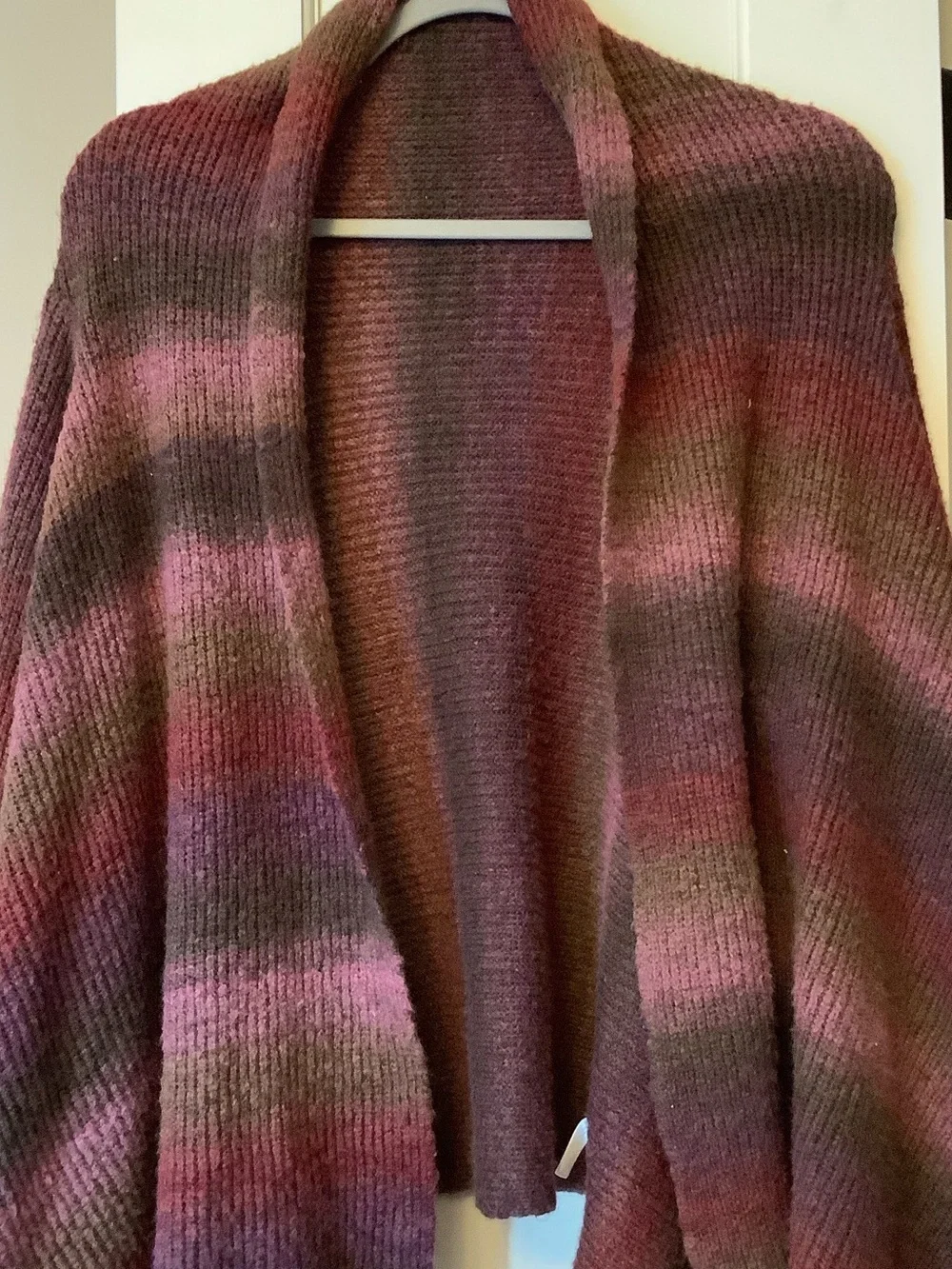 Fashion Bug Mauve and Olive Striped Open-Front Poncho Sweater - Picture 2 of 7